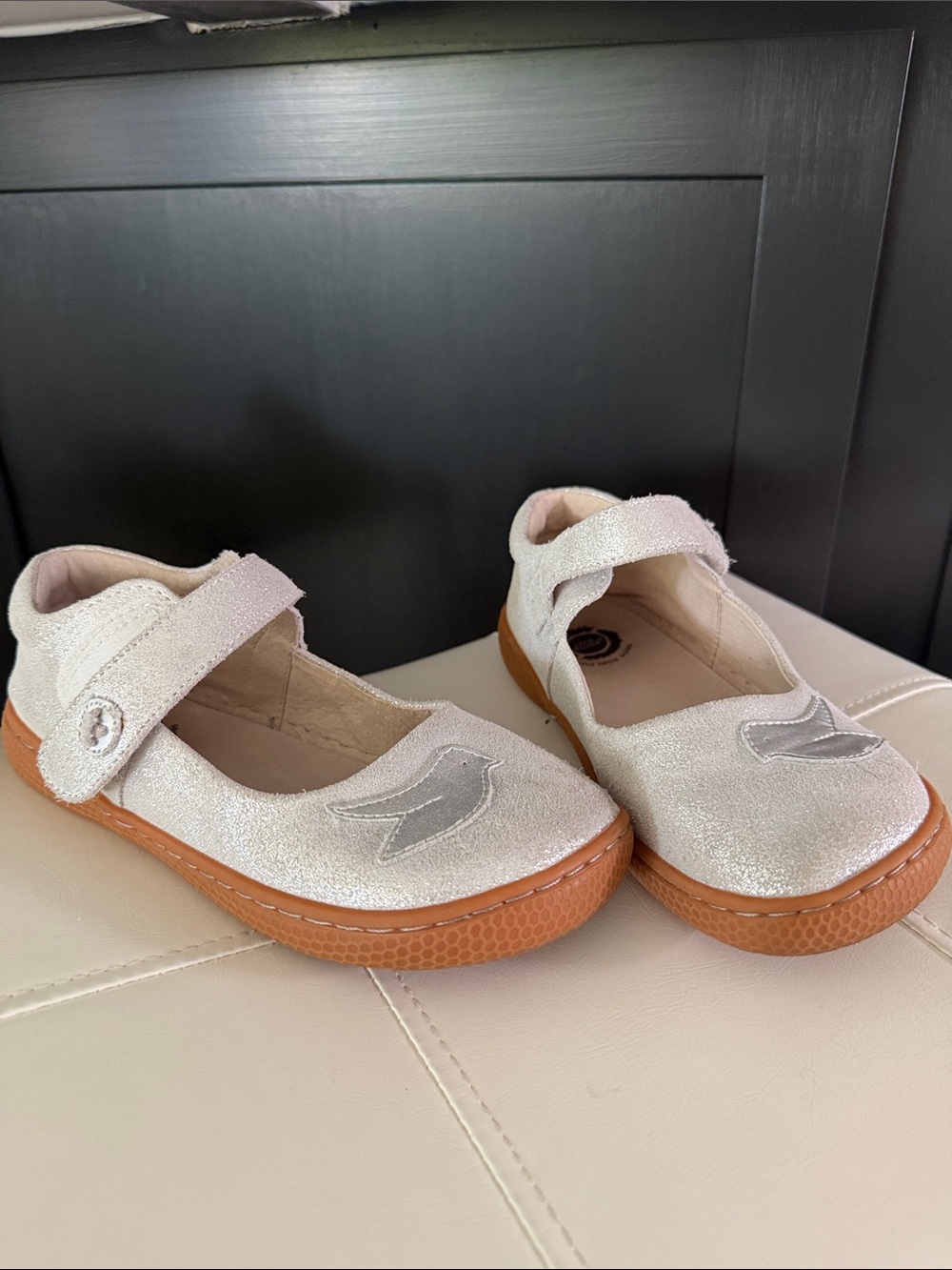 Livie & Luca Girls Sparkle Mary Janes in Metallic Silver with Tan Sole